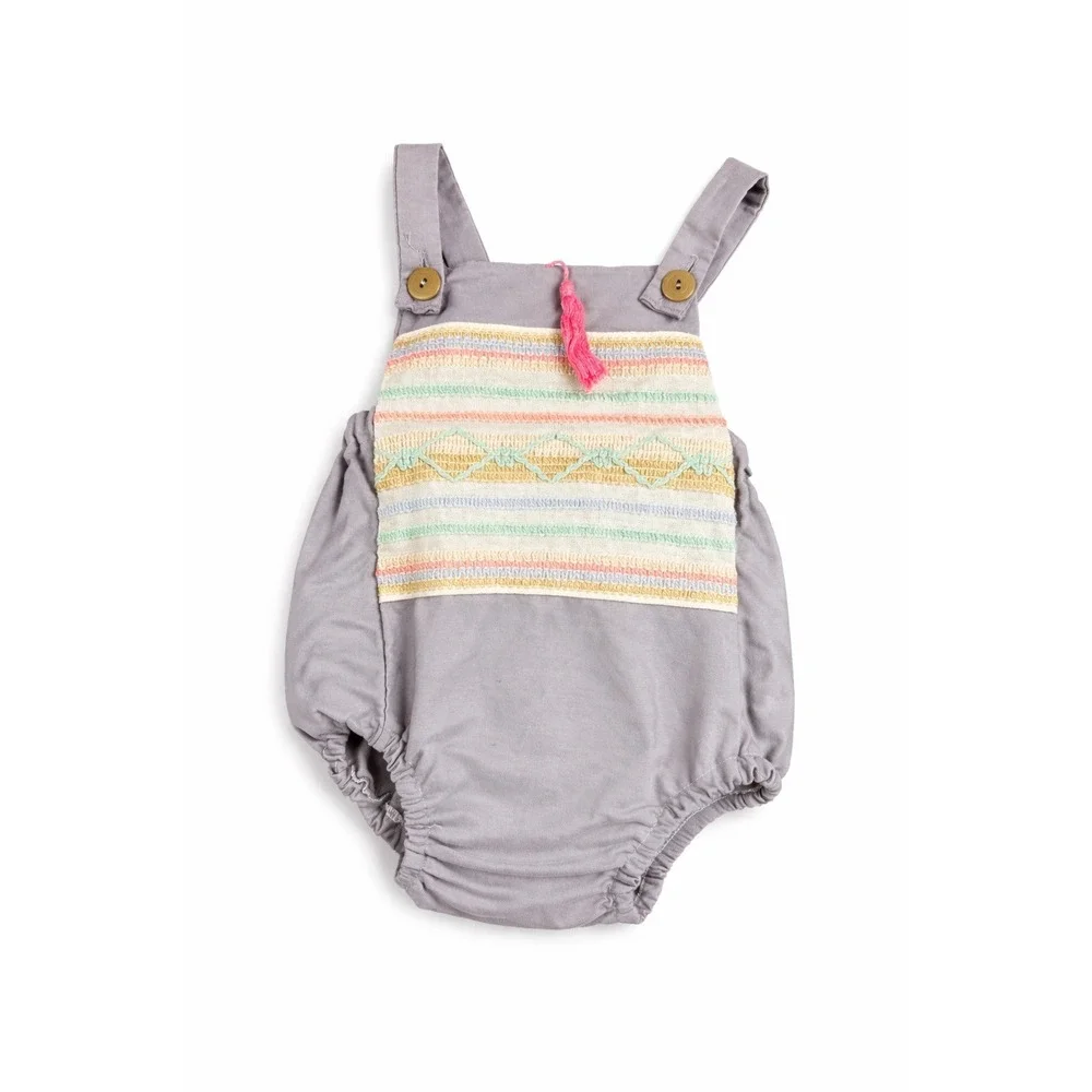 SeaBaby Gray Embroidered Bubble Romper Sleeveless‎ Tassel Detail Baby One Piece